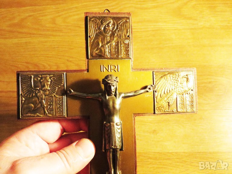 Стар кръст разпятие Христово, Исус Христос 22 х 16 см  със орнаменти и  светии от бронз, бронзови, снимка 1
