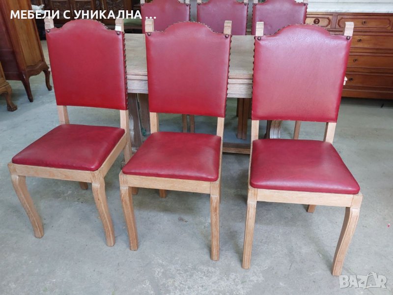 6 броя трапезни столове масив с кожена дамаска, снимка 1