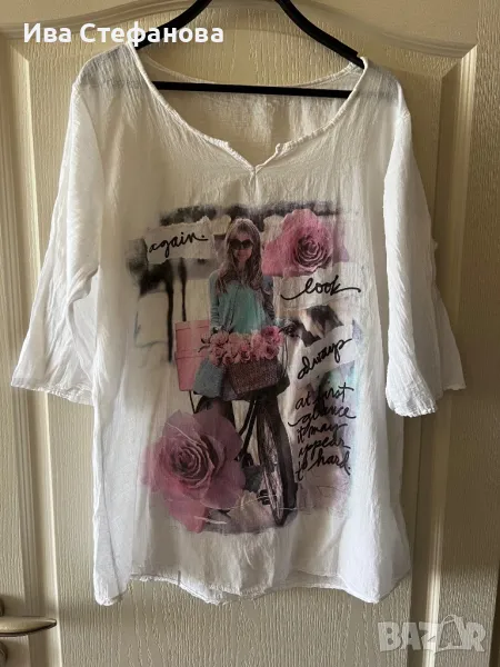Нова лека лятна бяла блуза 100% памук памучна с щампа картина момиче , снимка 1