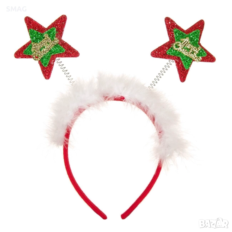 Коледна диадема с червени звездички и бели пера_1157254, снимка 1