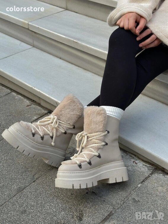 Боти на платформа - бежова кожа с бежов пух - BPUH1, снимка 1