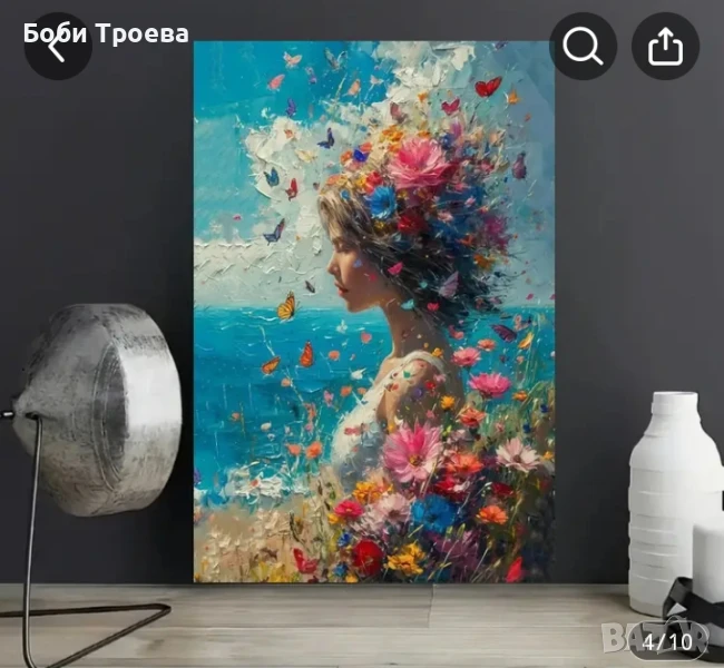 Мечтателна пеперуда и момиче с цветя, Живописен флорален стенен декор със спокойна морска гледка, снимка 1