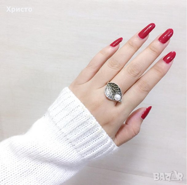 Сребърен пръстен листенце и перла за жени - 925, снимка 1