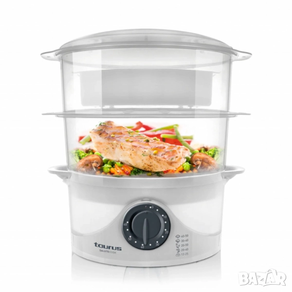 Уред за готвене на пара Taurus Salutecook 800W, 6 л, таймер 60 мин, 2 съда за готвене, съд за бял ор, снимка 1