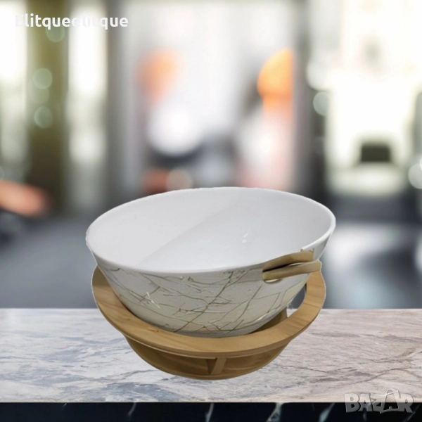 Керамична купа с дървена стойка и мраморен ефект, снимка 1