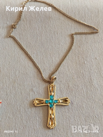 СРЕБРИСТ ГЕРДАН с КРЪСТ и ИНКРУСТИРАНИ СИНИ КАМЪНИ ТЮРКОАЗ ТОПАЗ 52231