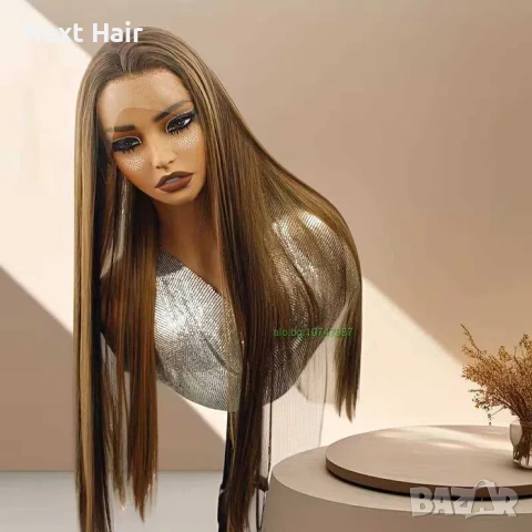 80 см блясък Кестенява синтетична перука с руси кичури и дантела 13×4, снимка 4 - Аксесоари за коса - 54040819