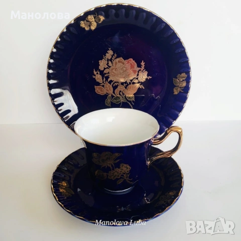 Кобалтово сини ваза Porzellanfabrik Waldsassen Bareuther & Co. AG и троен комплект , снимка 13 - Други ценни предмети - 54142289