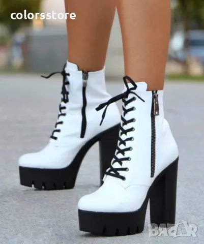 Боти на ток - бяла кожа с черно ходило - BT13