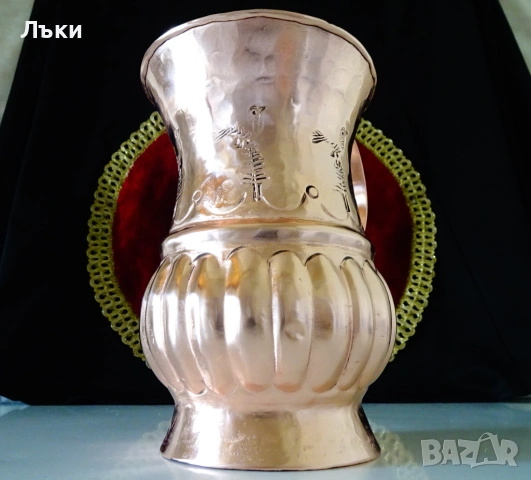 Медна кана,кована чиста червена мед,птици,печат. , снимка 4 - Антикварни и старинни предмети - 54358374