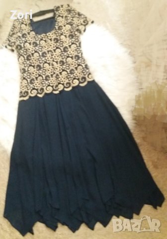 УНИКАЛНО КРАСИВА официална тъмносиня рокля със златиста дантела , снимка 7 - Рокли - 42097436