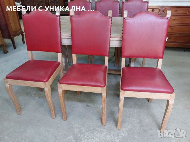 6 броя трапезни столове масив с кожена дамаска, снимка 1 - Столове - 38288669