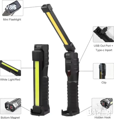  2 броя LED акумулаторни COB работни светлини Фенерчета със скрита долна кука и магнит, 5000m, снимка 3 - Лед осветление - 47960344
