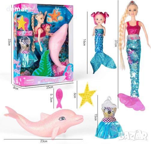 Игрален комплект за деца с кукла принцеса русалка, делфин и аксесоари, снимка 8 - Кукли - 44374359
