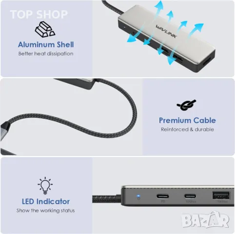 WAVLINK USB C 3.2 хъб HDMI, 10Gbps USB C към HDMI адаптер с 85W PD зареждане, 4K60Hz HDMI, снимка 3 - Кабели и адаптери - 49457526
