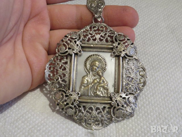 Старинен нагръден знак Богородица с бял седеф - внос ИЗраел, Йерусалим религия