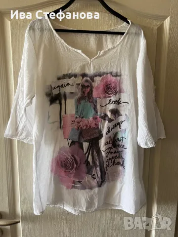 Нова лека лятна бяла блуза 100% памук памучна с щампа картина момиче 