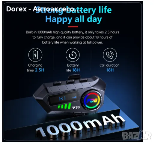 Bluetooth интеркоми за каска 6.0, CVC DSP шумопотискане, LED дисплей, IPX6, 1000 mAh, снимка 9 - Аксесоари и консумативи - 56070247