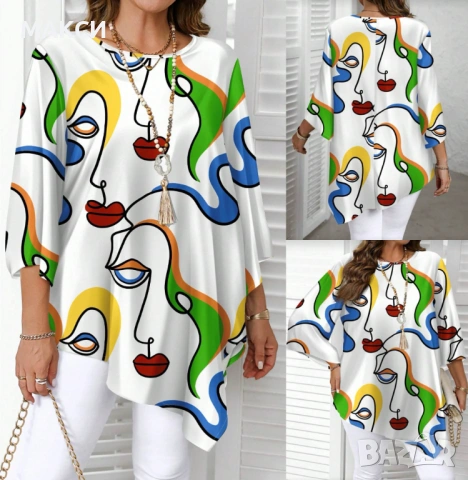 Макси красива А-симетрична дълга ефирна туника с клоширани 3/4 ръкави в модернистичен многоцветен де