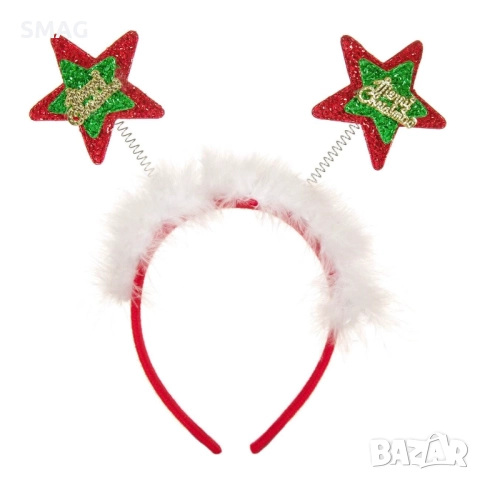 Коледна диадема с червени звездички и бели пера_1157254