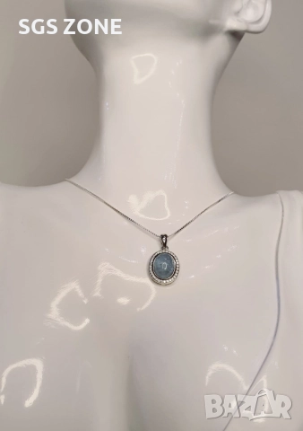 СРЕБЪРЕН ВИСУЛКА С АКВАМАРИН В ШЛИНГ КАБОШОН, снимка 2 - Колиета, медальони, синджири - 52402948