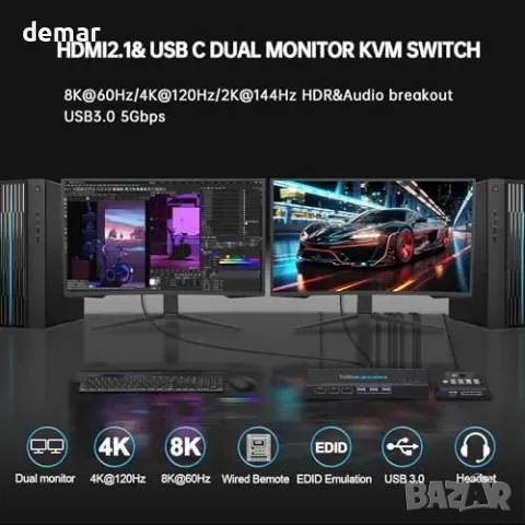 KVM превключвател HDMI 2.1 и USB‑C за 2 компютъра и 2 монитора, 4K 120 Hz, снимка 3 - Суичове - 55827416