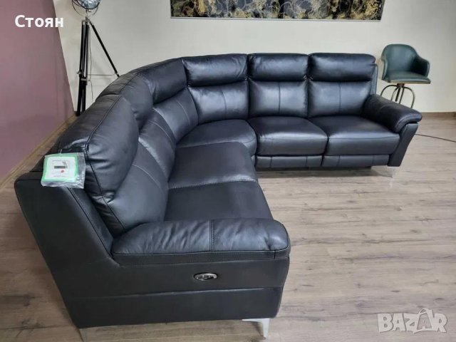 Черен кожен ъглов диван с електрически релаксиращ механизъм, снимка 3 - Дивани и мека мебел - 42514542