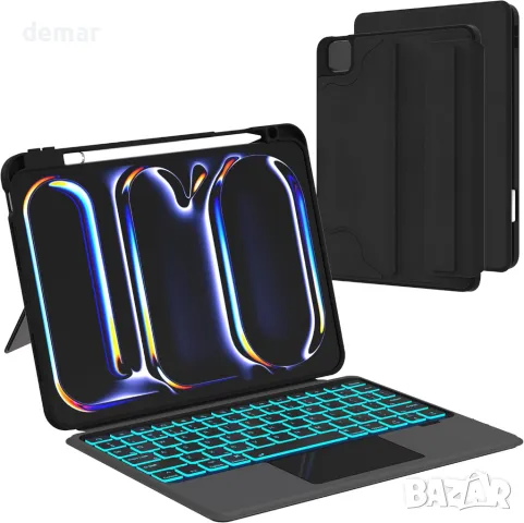 ROOFEI Калъф с клавиатура за iPad Pro 11-инчов (M4, 2024, A2836,A2837,A3006), 7 цветна подсветка