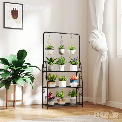 Етажерка за цветя Outsunny, 3-етажна етажерка за растения с висящи куки, снимка 2 - Градински мебели, декорация  - 56187258