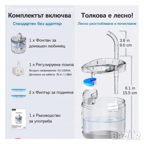 Автоматичен електрически фонтан с функция диспенсър за вода, за домашни любимци, снимка 3 - За котки - 56181974