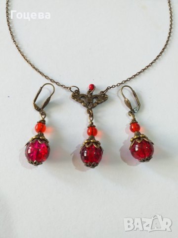 Разкошен комплект бижута в рубинено червено с прекрасни елементи в цвят бронз , снимка 1