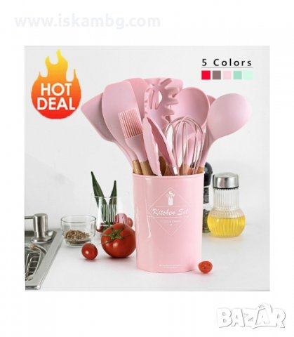 КОМПЛЕКТ ОТ 12БР СИЛИКОНОВИ КУХНЕНСКИ ПРИБОРИ С МЕТАЛНА ПОСТАВКА - КОД 2776