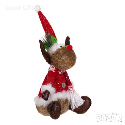 Коледен елен, седящ с червен кожух, 39см, снимка 2 - Декорация за дома - 42718857