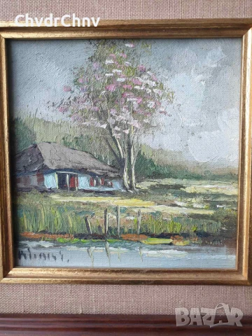 26х26см/малка картина масло върху платно-фазер/пейзаж-къща-дърво-река/дървена рамка, снимка 2 - Картини - 50471704