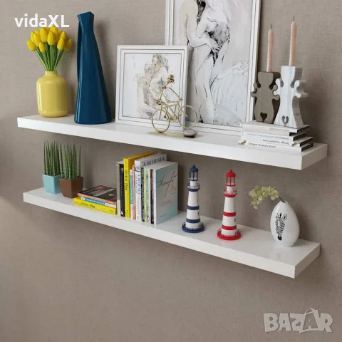 vidaXL 2 бели МДФ плаващи стенни рафтове за съхранение на книги/DVD, снимка 2 - Етажерки - 56146304