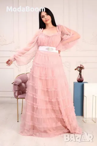 Вечерна рокля с дълги ръкави, деколте и тюл с волани в розов цвят, снимка 2 - Рокли - 48063317