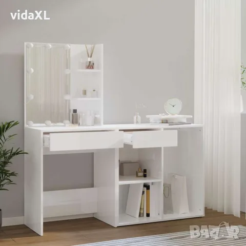 vidaXL LED тоалетка с шкаф, бяла, инженерно дърво, снимка 5 - Тоалетки - 56146550