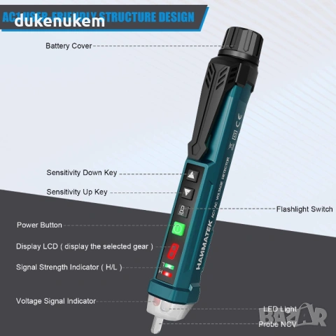 Безконтактен тестер за напрежение 12–1000V със зумер и LED фенер, снимка 2 - Други инструменти - 53094147