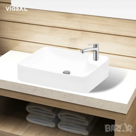 vidaXL Керамична мивка за баня с корито и отвор за смесител, бяла, снимка 2 - Мивки - 56145965