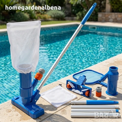 Комплект за почистване на басейн с прахосмукачка – телескопичен прът и водно налягане