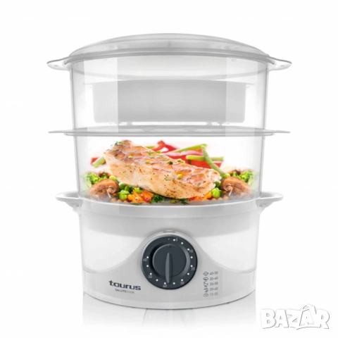 Уред за готвене на пара Taurus Salutecook 800W, 6 л, таймер 60 мин, 2 съда за готвене, съд за бял ор