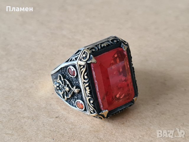 мъжки сребърен пръстен с червен камък, снимка 2 - Пръстени - 35124628