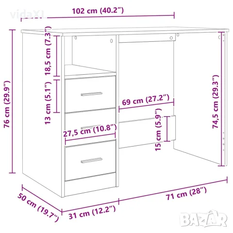 vidaXL Бюро с чекмеджета, черно, 102x50x76 см, инженерно дърво, снимка 9 - Бюра - 56147967