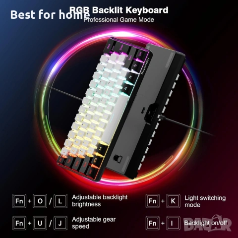 Snpurdiri 60% кабелна геймърска клавиатура, 61 клавиша с RGB подсветка, снимка 2 - Клавиатури и мишки - 53950253