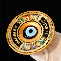 Медна чиния със синьо око,рисувана. , снимка 1 - Антикварни и старинни предмети - 29522375