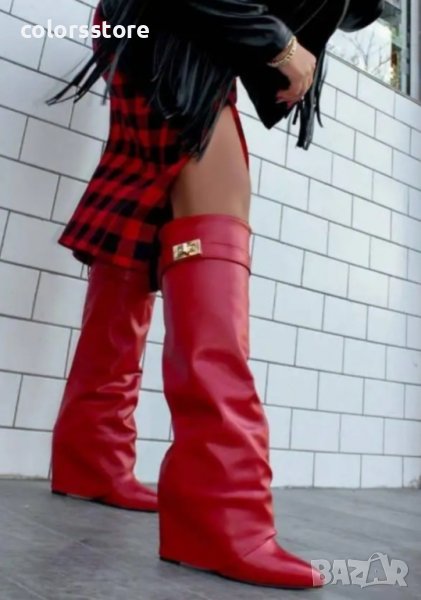 Ботуши на платформа - червена кожа - K-40, снимка 1
