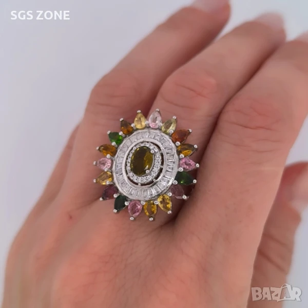 СРЕБЪРЕН ПРЪСТЕН С МНОГОЦВЕТЕН ТУРМАЛИН, снимка 1