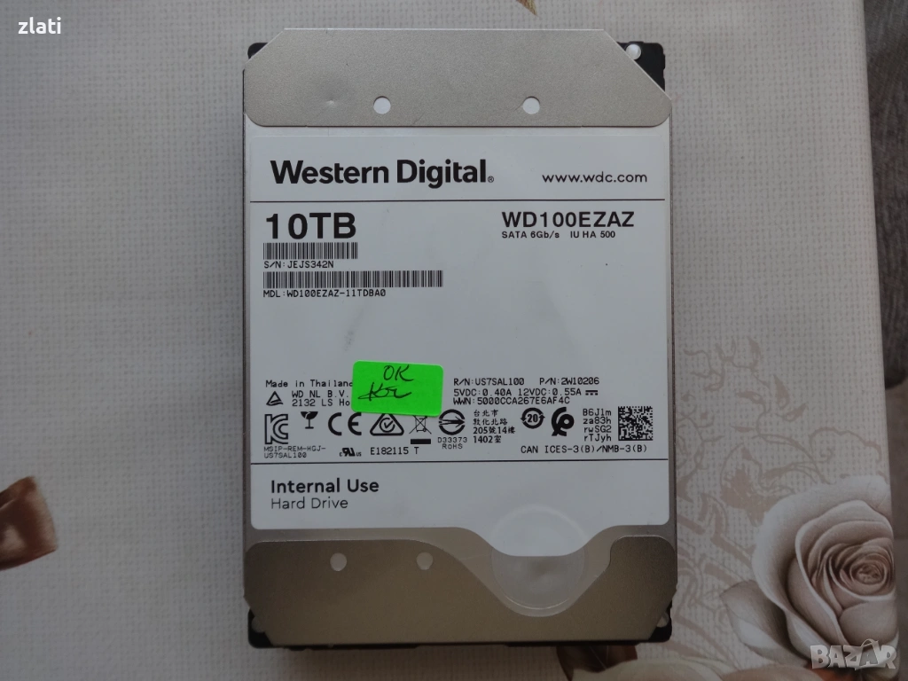 WD WD100EZAZ-11TDBA0 10TB 5400 RPM подходящ за NAS sata hdd hard disk хард диск малко ползван, снимка 1