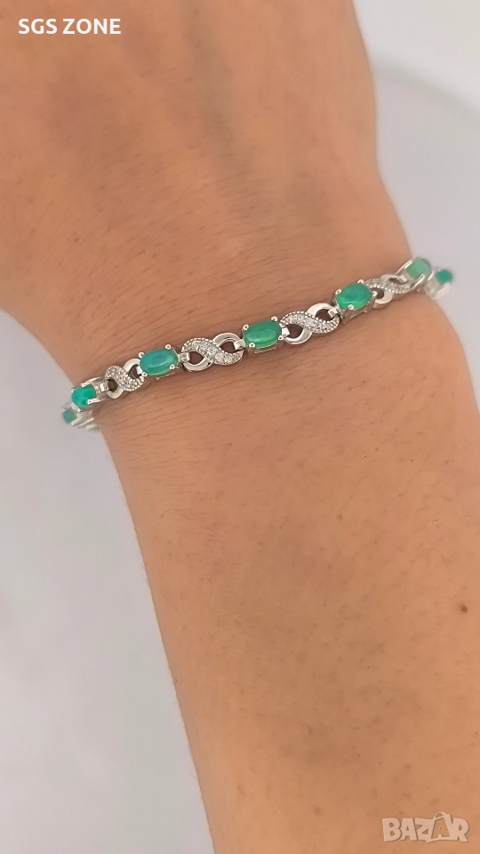 Ръчно изработена сребърна гривна със зелен опал и символ за безкрайност, снимка 1