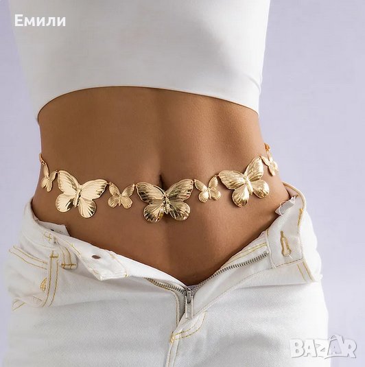Метален колан бижу верижка с пеперуди в златист цвят, снимка 1
